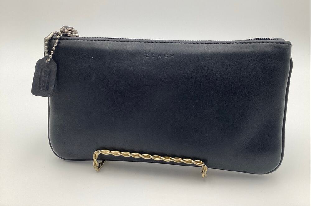 Vintage Coach Black Leather Skinny cosmetics Case Pouch Clutch Zip Wallet #7170